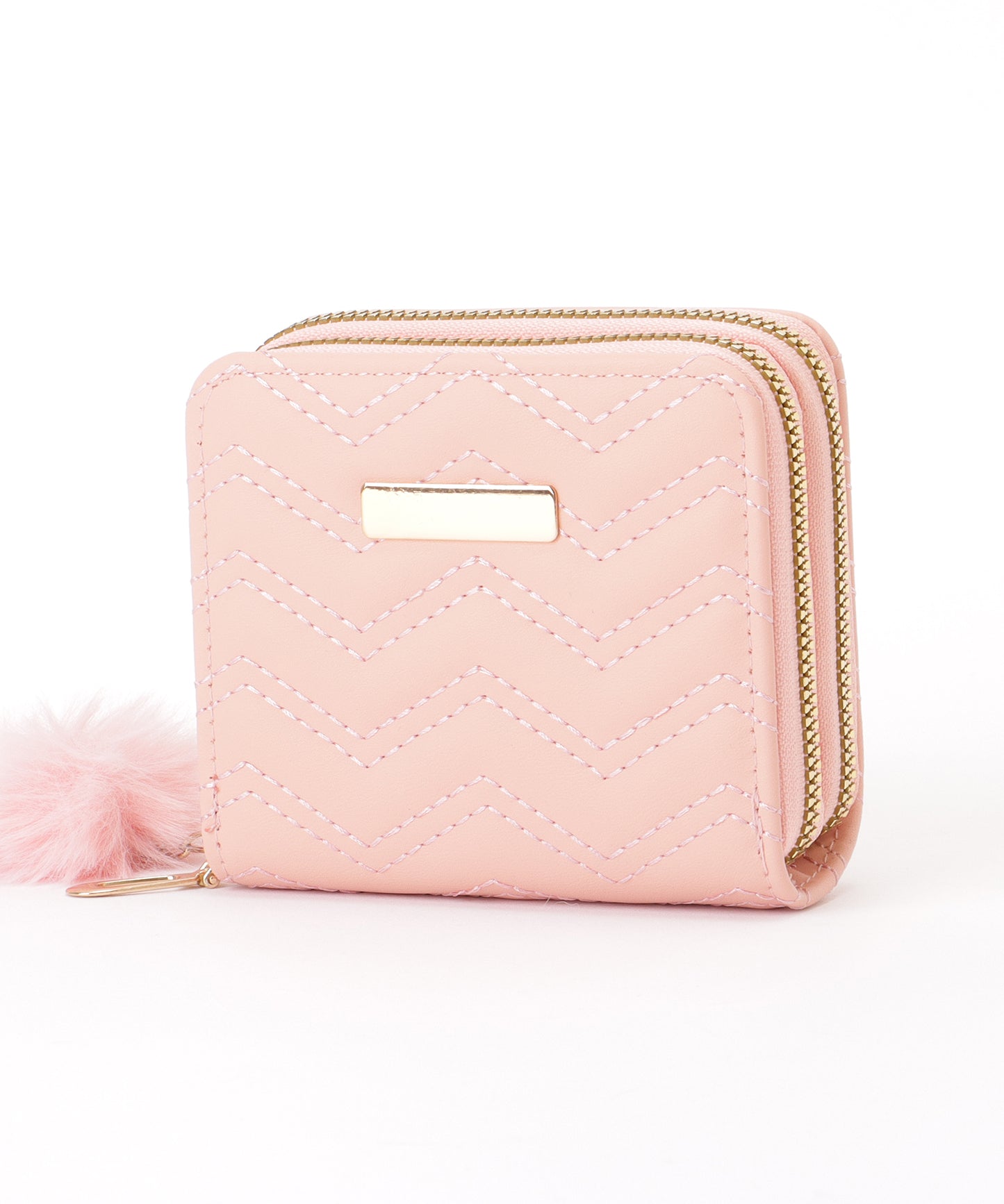 ファー チャーム付き ジグザグ ステッチ コンパクト ウォレット