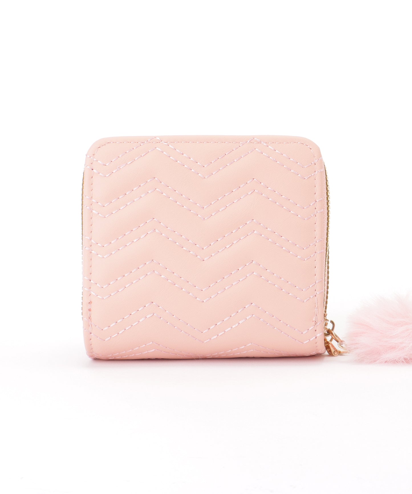 ファー チャーム付き ジグザグ ステッチ コンパクト ウォレット