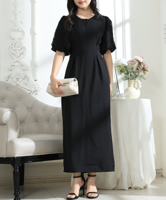 フラワー レース パフスリーブ ドッキング ワンピース