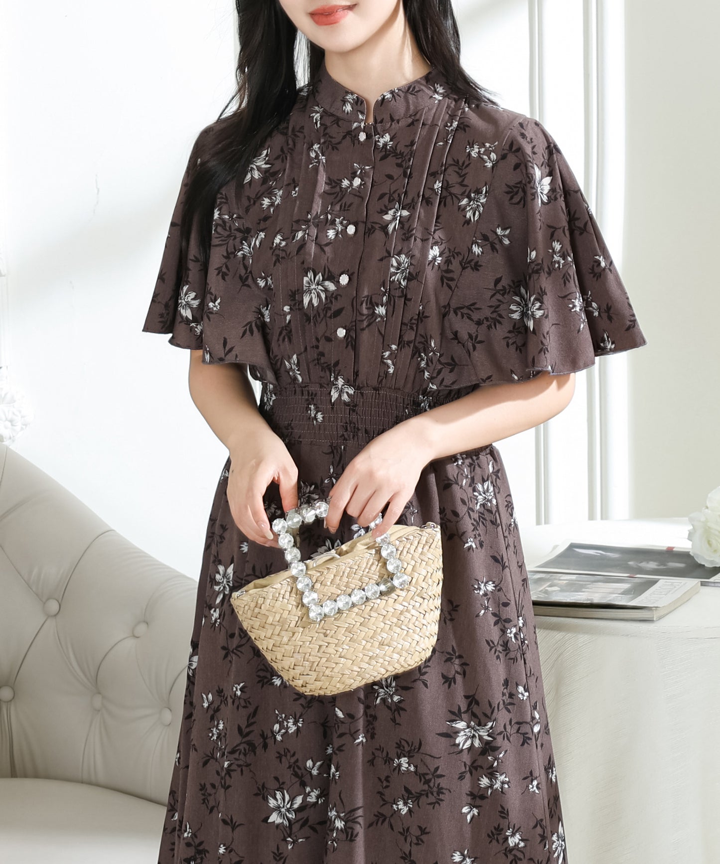 花柄 スタンドカラー タック ケープスリーブ ワンピース