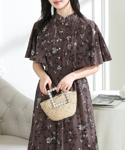花柄 スタンドカラー タック ケープスリーブ ワンピース