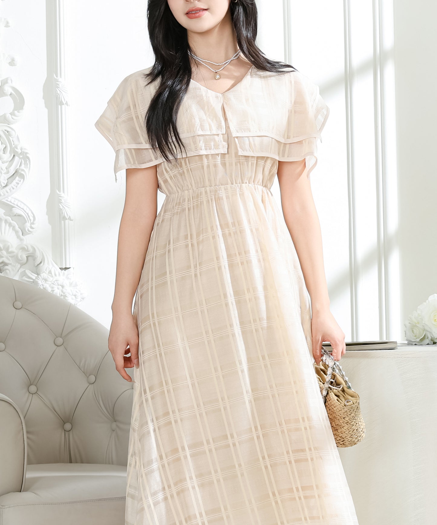 シアー チェック柄 スクエアカラー ロング ワンピース