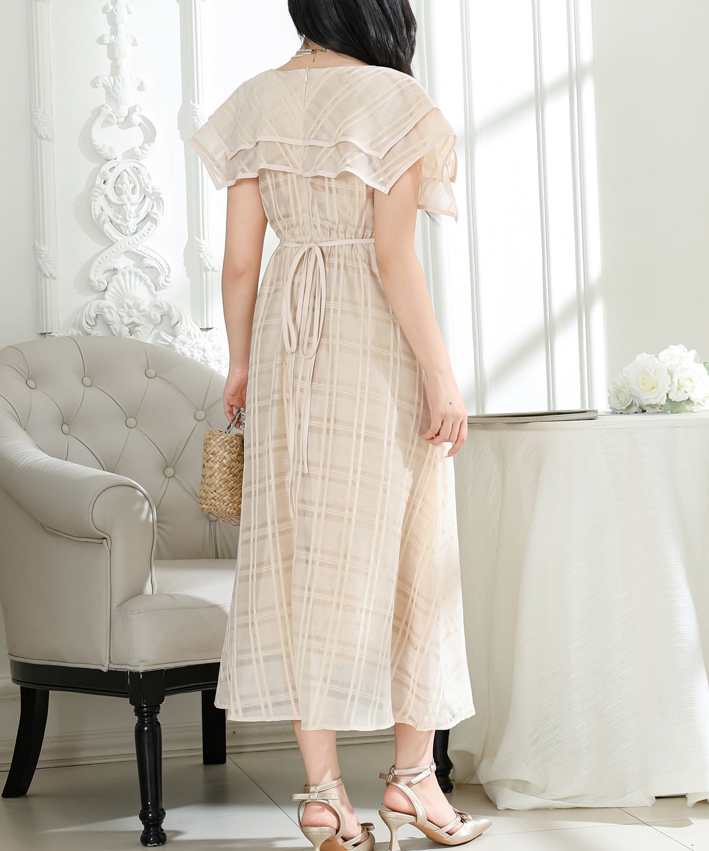 シアー チェック柄 スクエアカラー ロング ワンピース