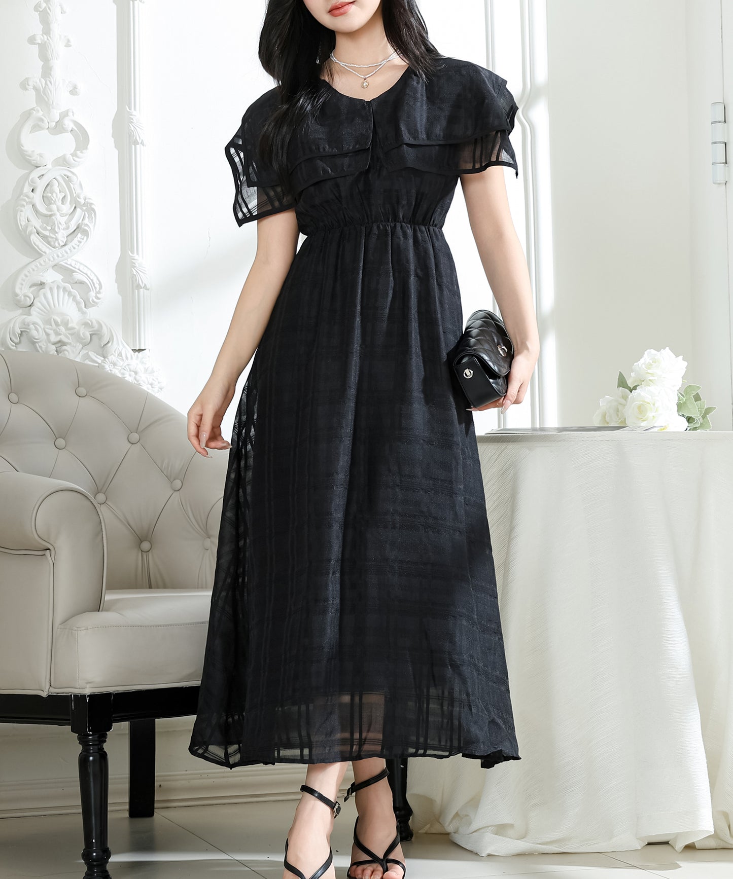 シアー チェック柄 スクエアカラー ロング ワンピース