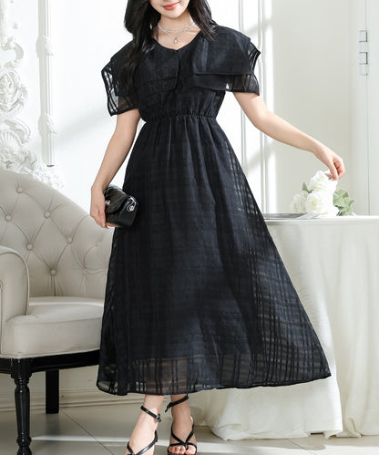 シアー チェック柄 スクエアカラー ロング ワンピース