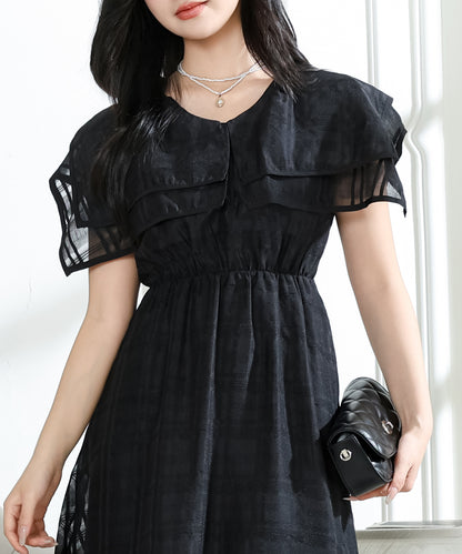 シアー チェック柄 スクエアカラー ロング ワンピース