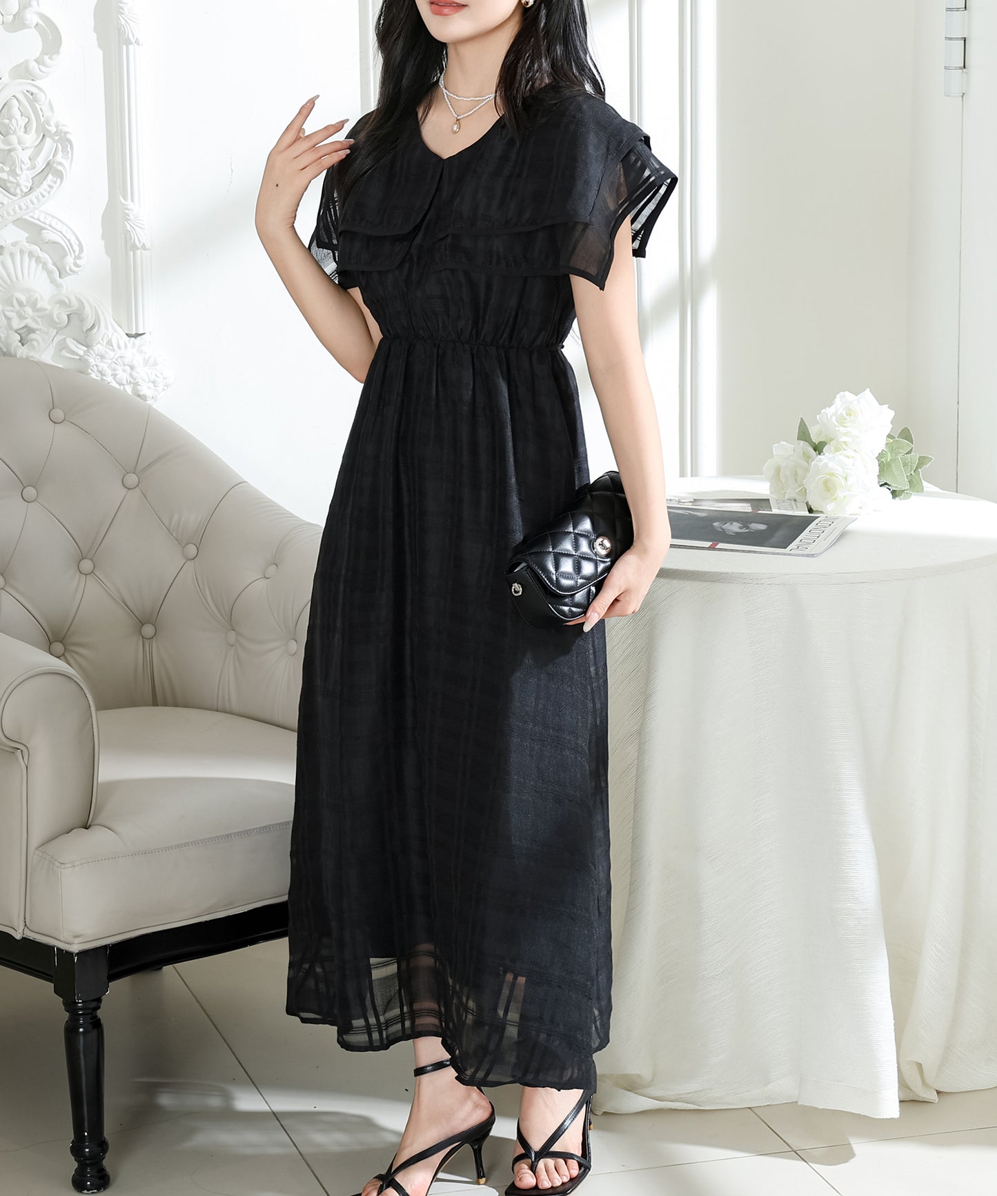 シアー チェック柄 スクエアカラー ロング ワンピース