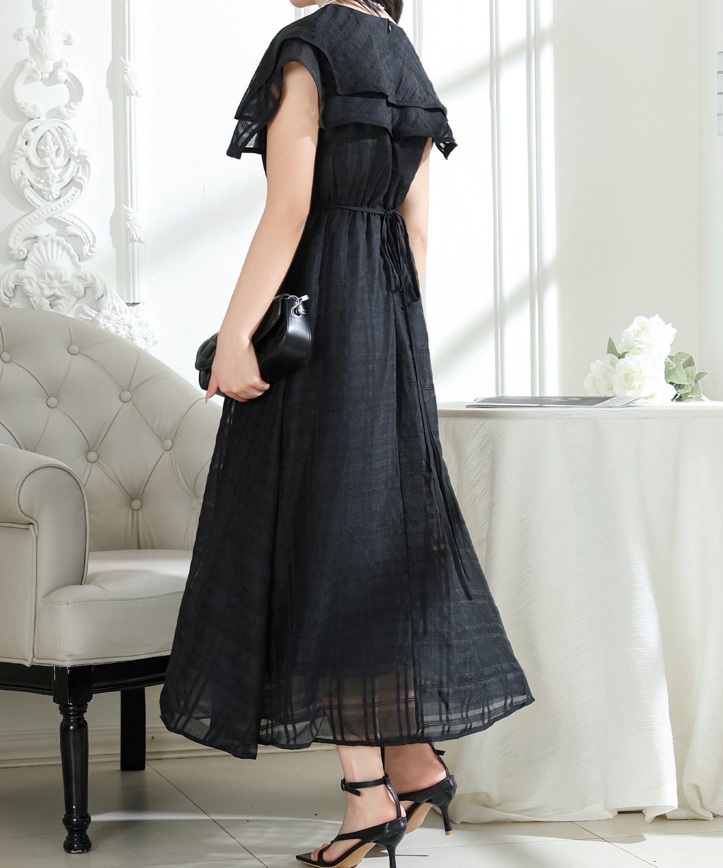 シアー チェック柄 スクエアカラー ロング ワンピース