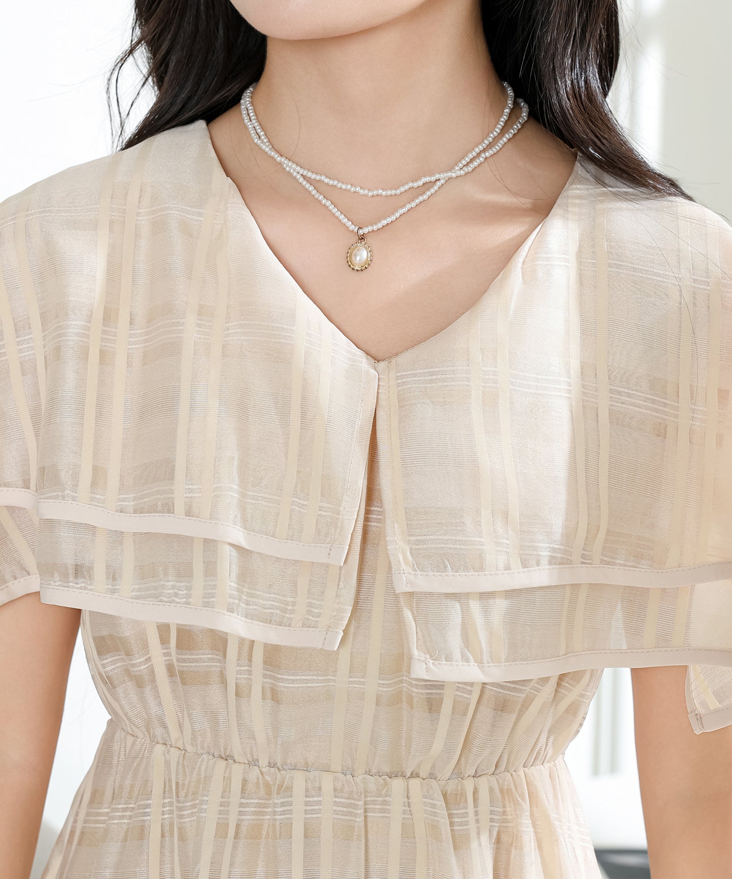 シアー チェック柄 スクエアカラー ロング ワンピース