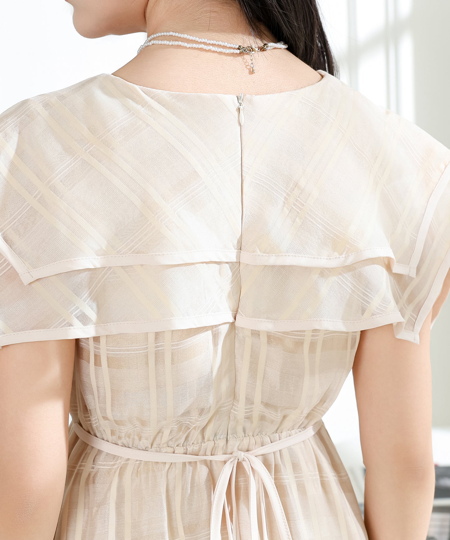 シアー チェック柄 スクエアカラー ロング ワンピース