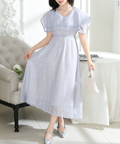 シアー チェック柄 スクエアカラー ロング ワンピース