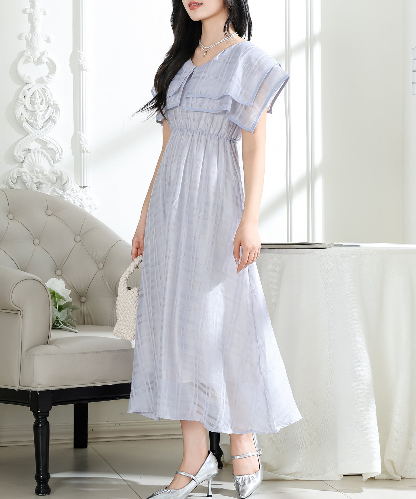 シアー チェック柄 スクエアカラー ロング ワンピース