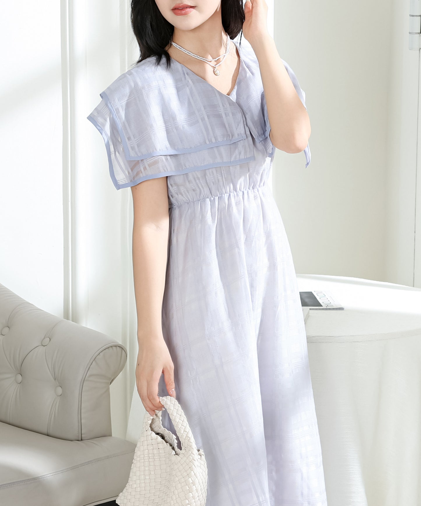 シアー チェック柄 スクエアカラー ロング ワンピース