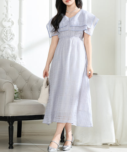 シアー チェック柄 スクエアカラー ロング ワンピース