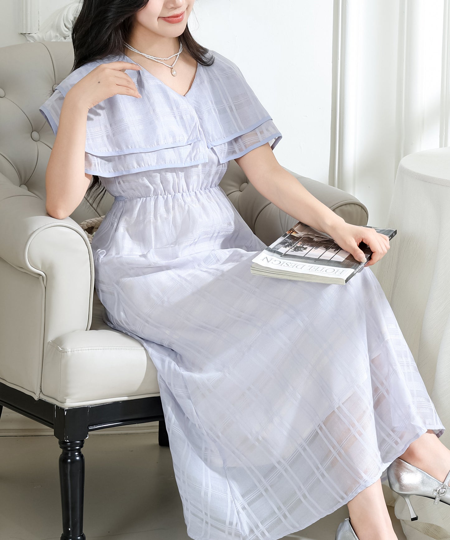 シアー チェック柄 スクエアカラー ロング ワンピース