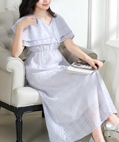 シアー チェック柄 スクエアカラー ロング ワンピース