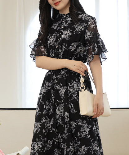 花柄 袖コンシャス フリル スタンドカラー ワンピース