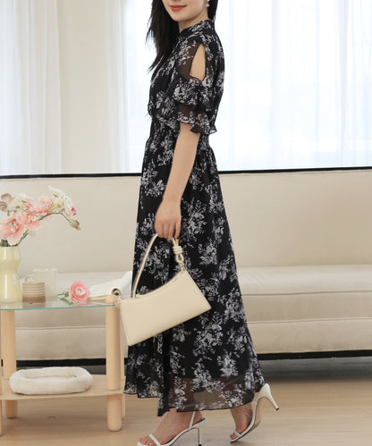 花柄 袖コンシャス フリル スタンドカラー ワンピース