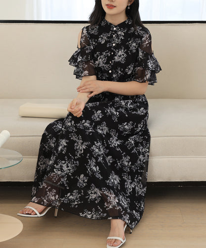 花柄 袖コンシャス フリル スタンドカラー ワンピース