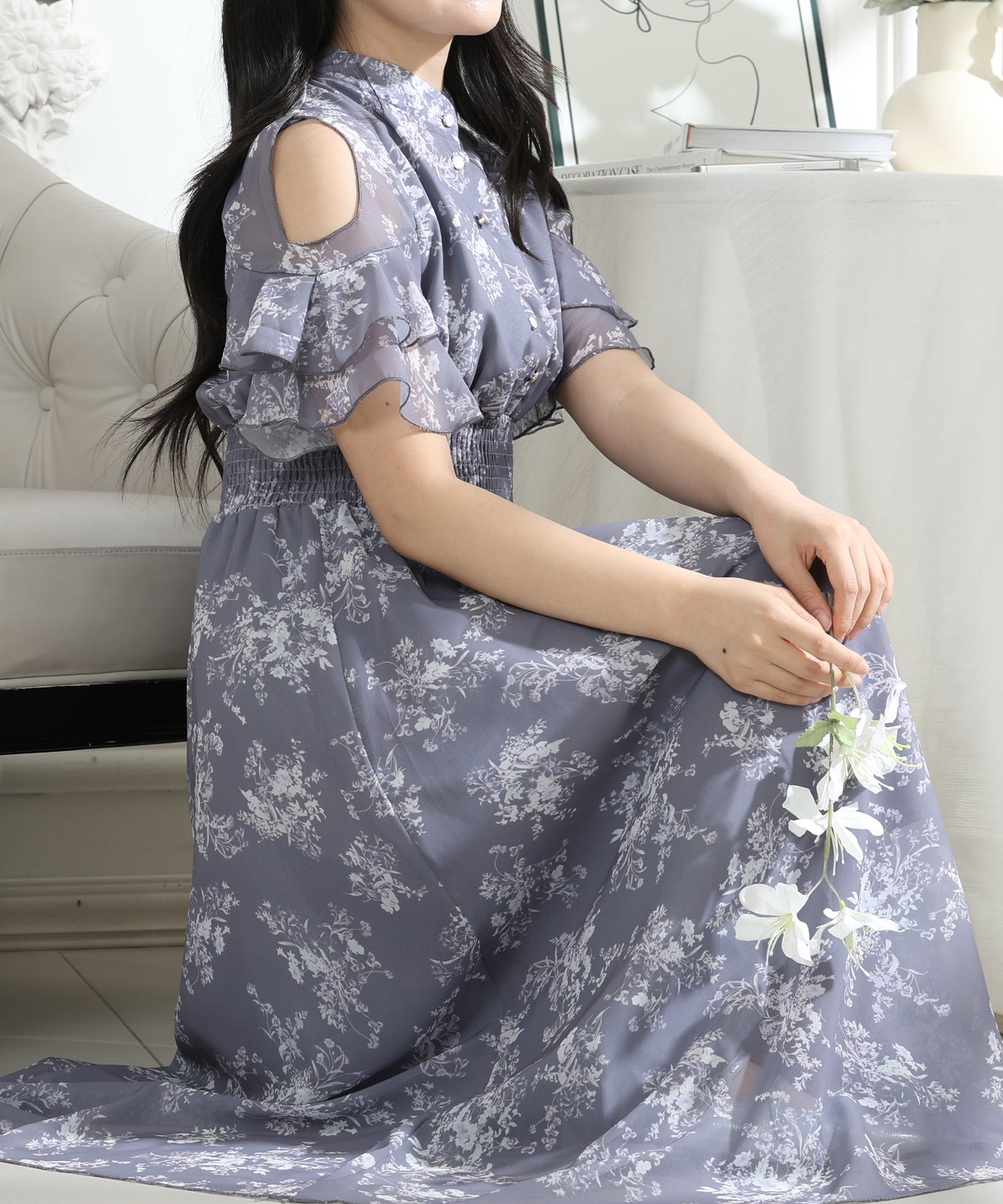 花柄 袖コンシャス フリル スタンドカラー ワンピース