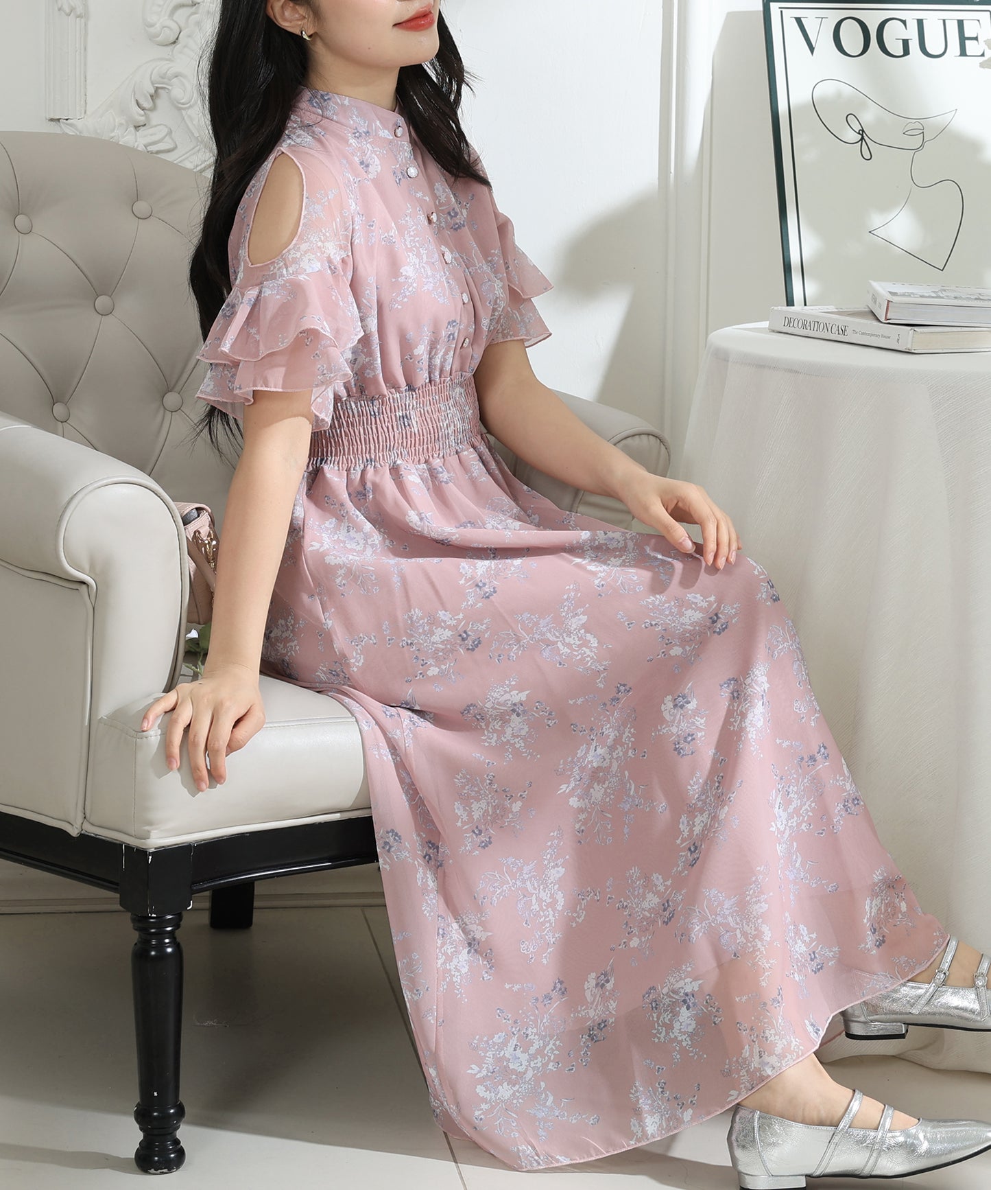 花柄 袖コンシャス フリル スタンドカラー ワンピース