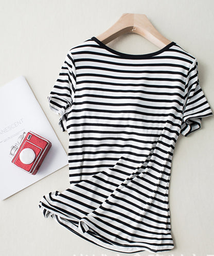 モールドカップ付きボーダー Uネック 半袖Tシャツ