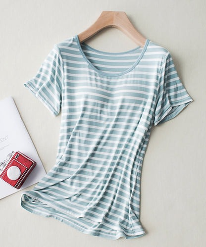 モールドカップ付きボーダー Uネック 半袖Tシャツ